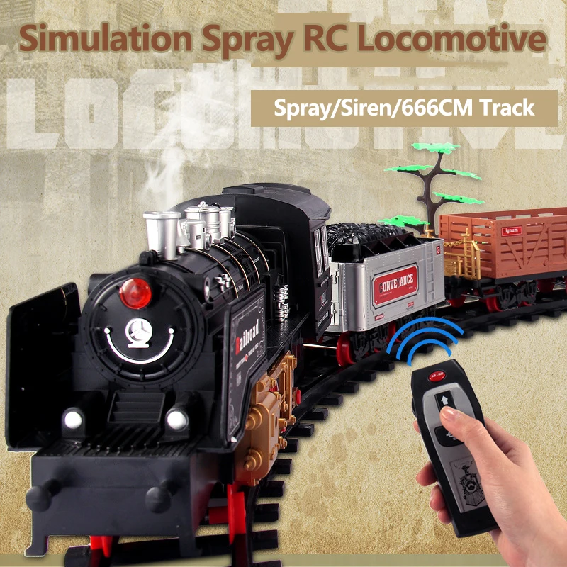 666CM DIY Assembly Train Simulation Classic Spray Remote Control Locomotive Siren Sound Track Rich Scene Electric RC Train Toys