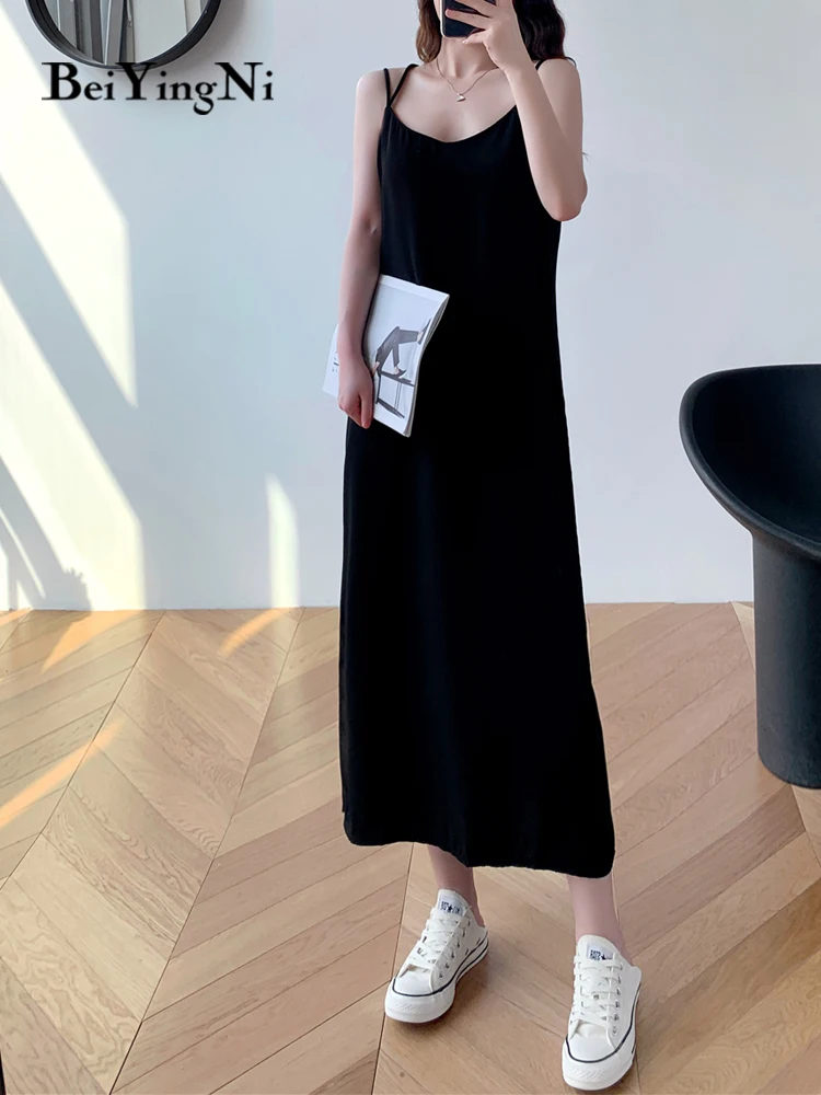 Beiyingni Elegant Oversized Long Dress Women Plain Sleeveless Casual Vintage Long Midi Straps Dresses Chic Luxury Vestidos Mujer