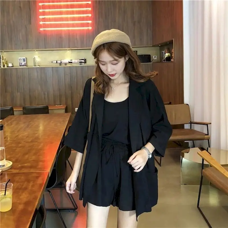 2024 Spring Summer New Women\'s Casual Outfit Korean Fashion Three Piece Sets Small Sling Suit Jacket High Waist Short Pants Suit