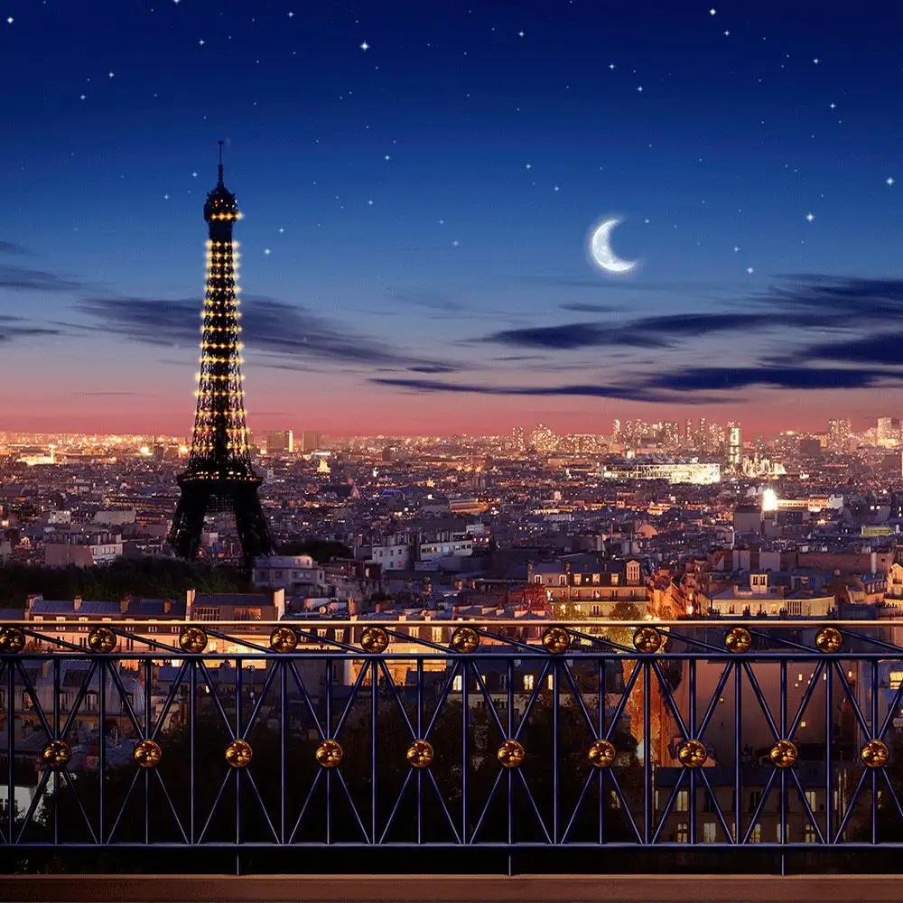 

eiffel tower paris france city skyline night sky crescent moon photo backdrop Vinyl cloth Computer print party backgrounds