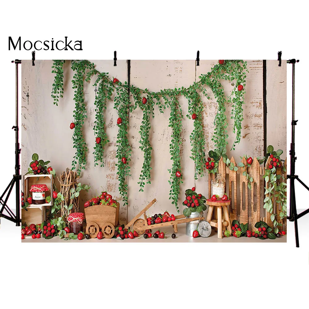 Newborn Kids Portrait Backdrop for Photography Studio Strawberry Theme Birthday Party Decorations Supplies Green Leaves Props