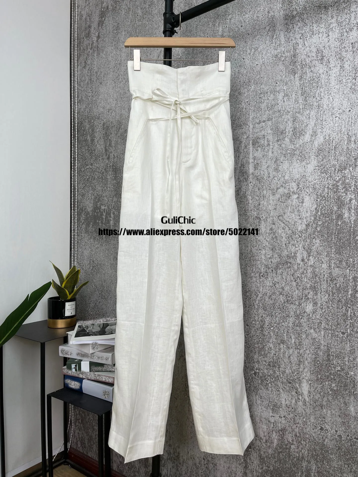 3.9 HIGH END QUALITY Hemp Bandage Wide Leg Pants Female Fashion High Waist Straight Trousers