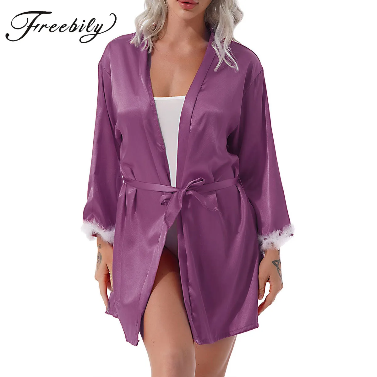 

Chinese Bride Wedding Robe Satin Sleepwear Women Feather Trimming Nightgown Sexy Nightdress Kimono Bathrobe Negligee