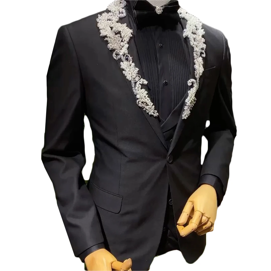 Bruiloft Mannen Pak Zwart Applique Slim Fit Blazer 2 Stuks Bruidegom Huwelijk Party Prom Custom Made Smoking Jacket