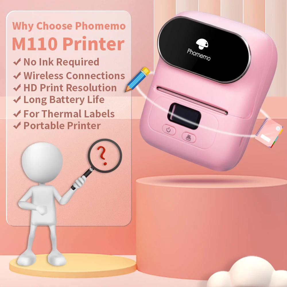 M110 Commercial Small Label Printer Phomemo Portable Thermal Sticker Printer Use for Supermarket, Jewelry, Cable Labels Printing