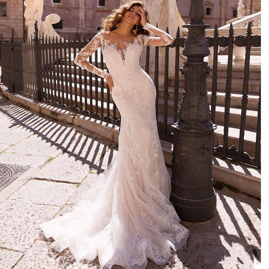 11604#O-Neck Bohemian Lace Applique Detachable Train Tulle Sheer Back Mermaid Long Sleeve Wedding Dress Wedding Gown Bridal Gown