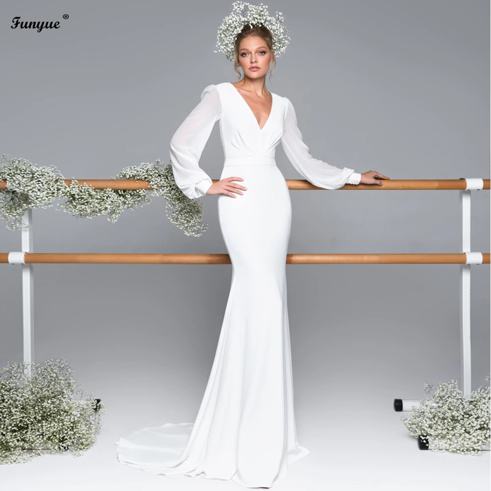 

Funyue Elegant Mermaid Wedding Dresses Vestido De Noiva Simples Sexy V-Neck Long Sleeve Bridal Gowns for Bride 2023 Sweep Train