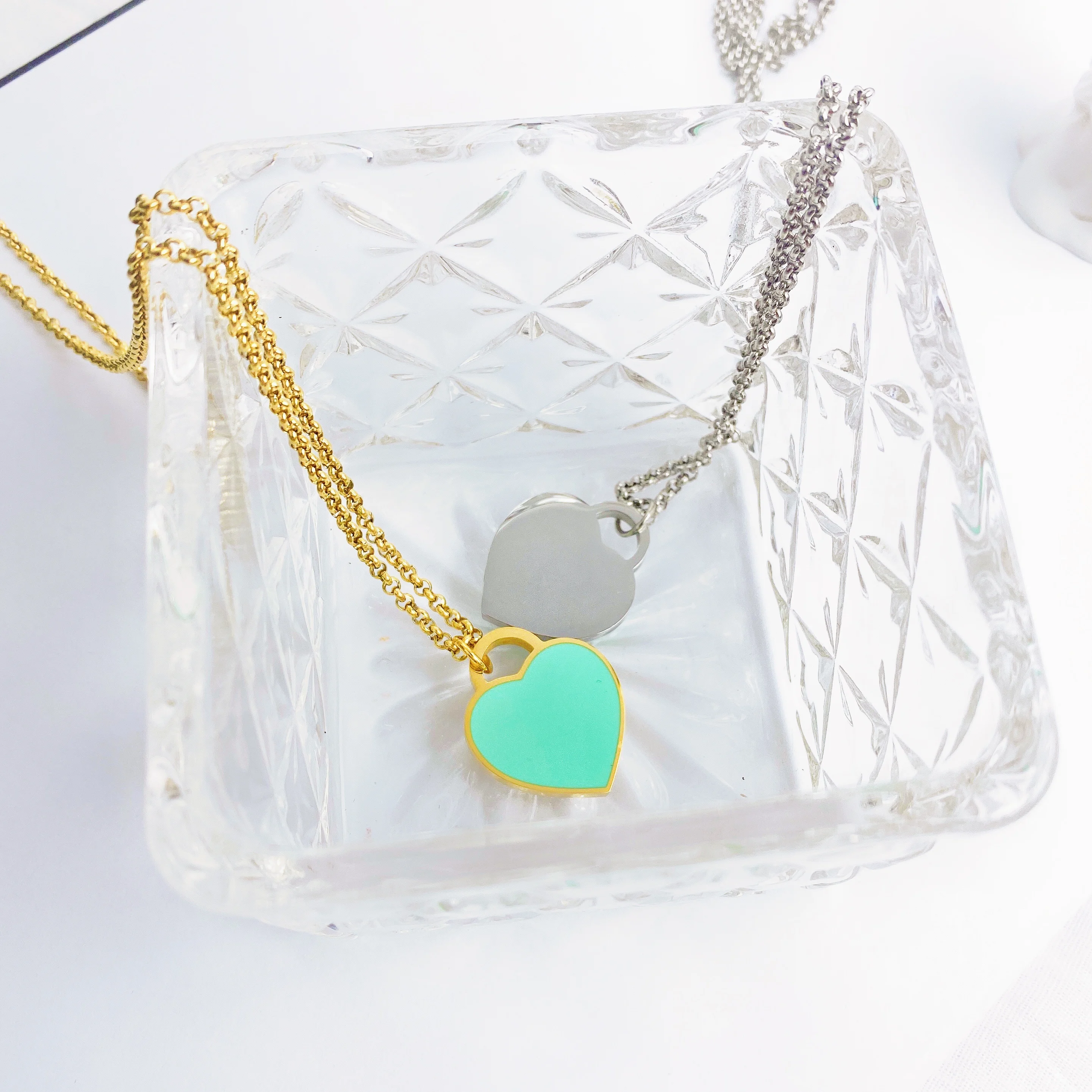 جديد وصول الحب مزدوجة القلب المينا Ladie للأبد الحب قلادة من الفولاذ المقاوم للصدأ الانجراف زجاجات مجوهرات بالجملة هدية للنساء #5