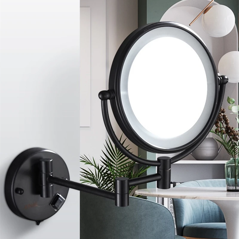 folding double side led light mirror espelhos de maquiagem preto escovado ouro latao extensao de parede x 5x ampliacao 10x banho 01