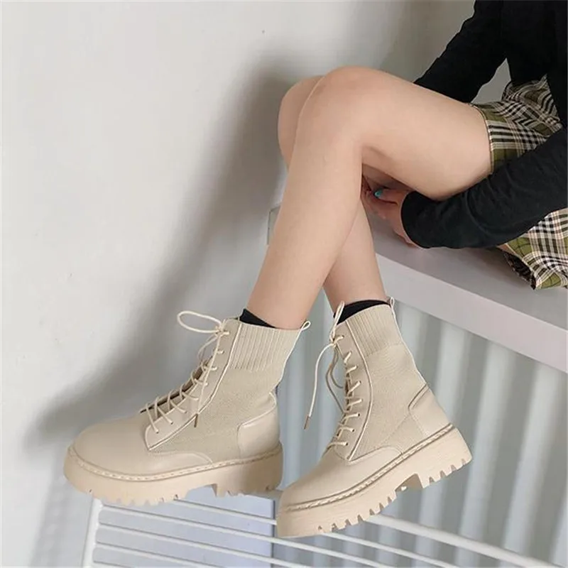 size 34  41  Ankle Boots for Women Autumn Motorcycle Boots Thick Heel PlatfoAnkle  Shoes Woman Slip on Round Toe Fashion  Boots