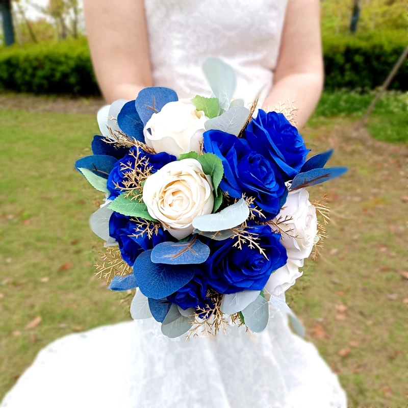 New Stunning Brides Bouquet Royal Blue Mix Ivory Silk Roses Foliage Decoration 8 10 12 Inch Bruidsboeket Flores Artificiales