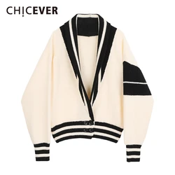 CHICEVER Patchwork Coat For Women V Neck Lantern Long Sleeve Striped Hit Color Knitting Cardigan Female 2024 Autumn New Style