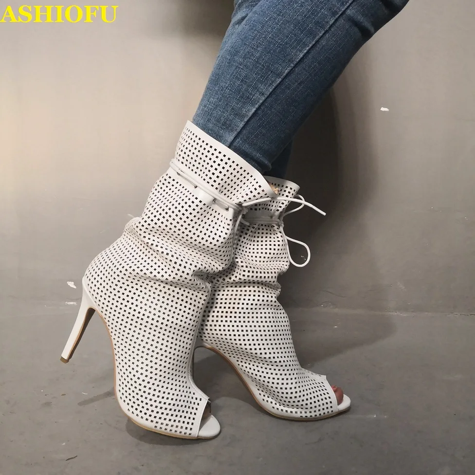 

ASHIOFU Realpics Handmade Ladies High Heel Boots Peep-toe Party Prom Autumn Ankle Booties Large Size Evening Fashion Boots Shoes