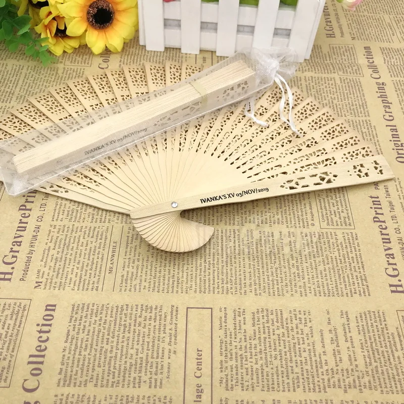 Personalized Wedding Favors Wood Cutout Fans Chinoiserie Hand Folding Fan Printing Name&Date 100pcs