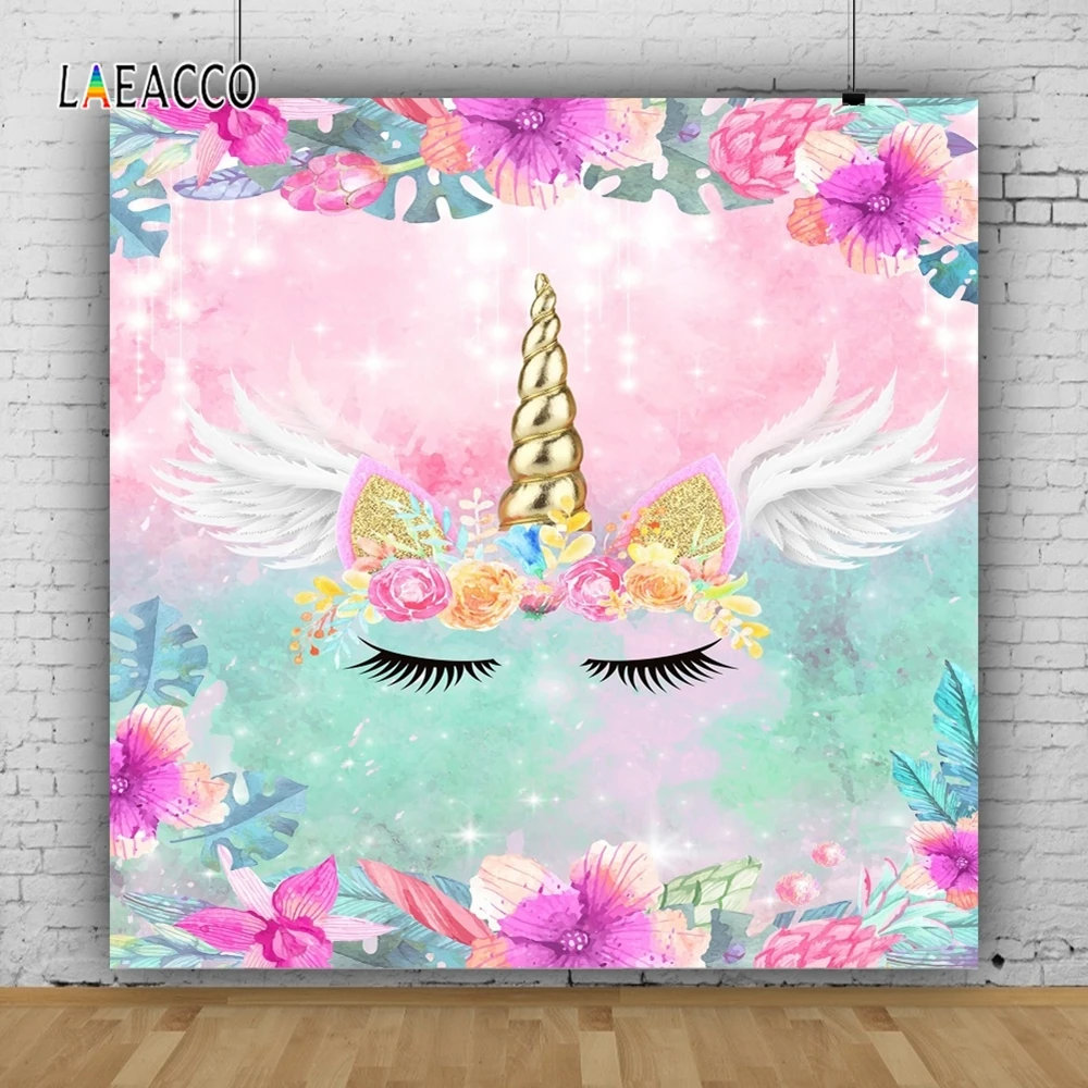 Laeacco Unicorn Photo Background Tropical Flowers Leaves Wings Glitters Newborn Baby Photography Backdrop Birthday Photophone image 3