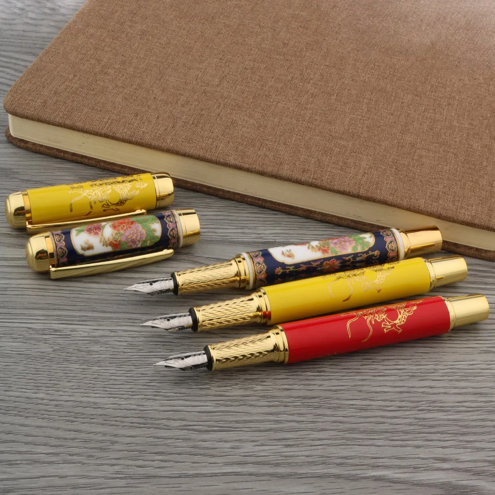 

NEW High quality YELLOW Red Porcelain Dragon Fountain Pen Painting Trim F Stationery Office school supplies Golden INK PEN