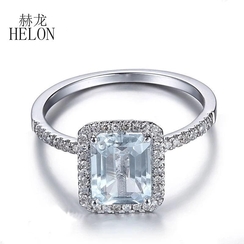 

HELON Solid 14K White Gold Cushion 8x6mm Natural Aquamarine Diamonds Trendy Fine Jewelry Engagement Diamond Ring Women Best Gift