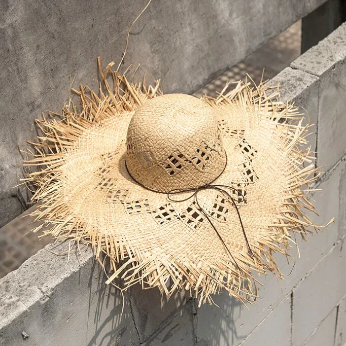 New women Floppy Large brim panama cap Summer holiday travel beach Raffia straw hat Female hollow-out Sun hat Protection cap