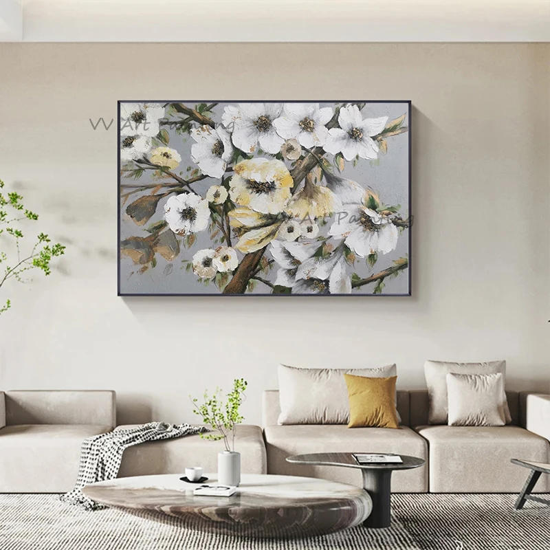 100% Hand Painted Oil Painting White Magnolia Floral Impasto Canvas Wall Art For Living Room Hotel Decor