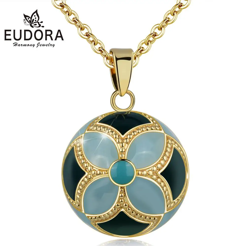 Eudora Blue-green Harmony Ball Pendant Necklace Pregnancy Ball Angel Bola Pendant with flower design Fine Jewelry for Women gift
