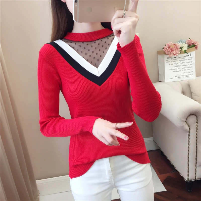 Lace stripe female half Turtleneck Pullovers Women Sexy Splicing V-neck Mesh Autumn Sweaters Ladies Long Sleeve Coffee Jumpers