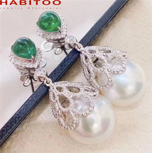 

Luxury 925 Sterling Silver 12-13mm Nature Freshwater White Pearl Drop Dangle Earrings for Women Green Ruby Inlay Zircon Jewelry