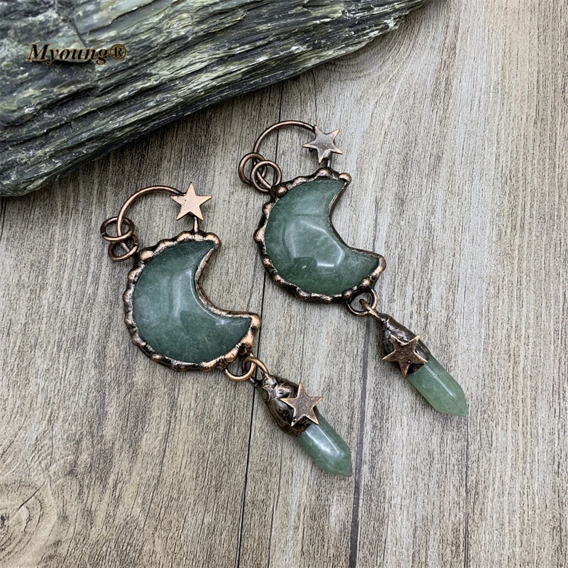 5PCS BOHO Large Soldered Green Aventurine Crystal Vintage Pendant,Bohemia Jewelry Sun Moon Stars Necklace Accessories MY211022