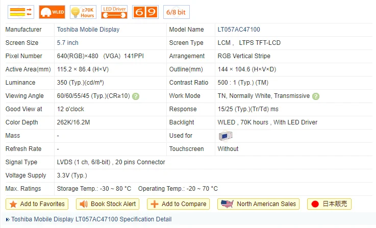 LT057AC47100 da 5.7 pollici 640*480 LCD Screen Display per Attrezzature Industriali