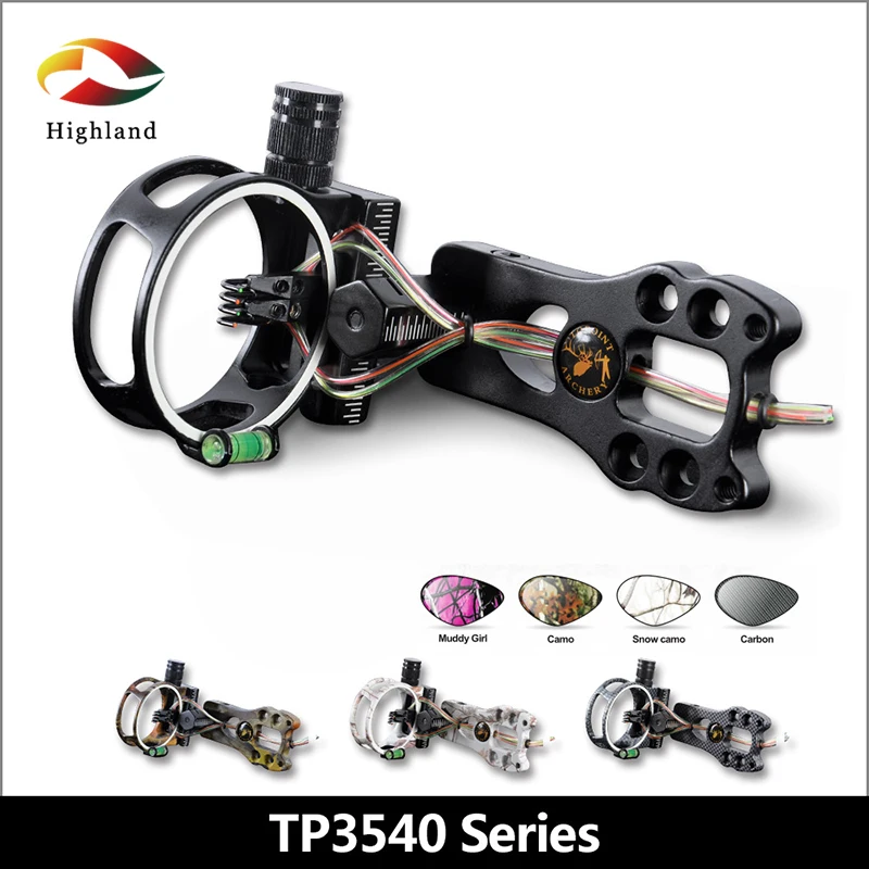 Topoint 4 Pin Compound Bow Sight TP3540 LED สายตา0.019 "เส้นใยทองเหลือง CNC Machined สำหรับยิงธนูการล่าสัตว์