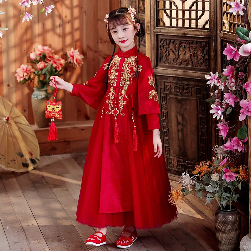 Autunm Winter Girls New Year Outfits Chinese Lovely Embroidery Children Tang Suit And Traditional Thick Cape Han Fu