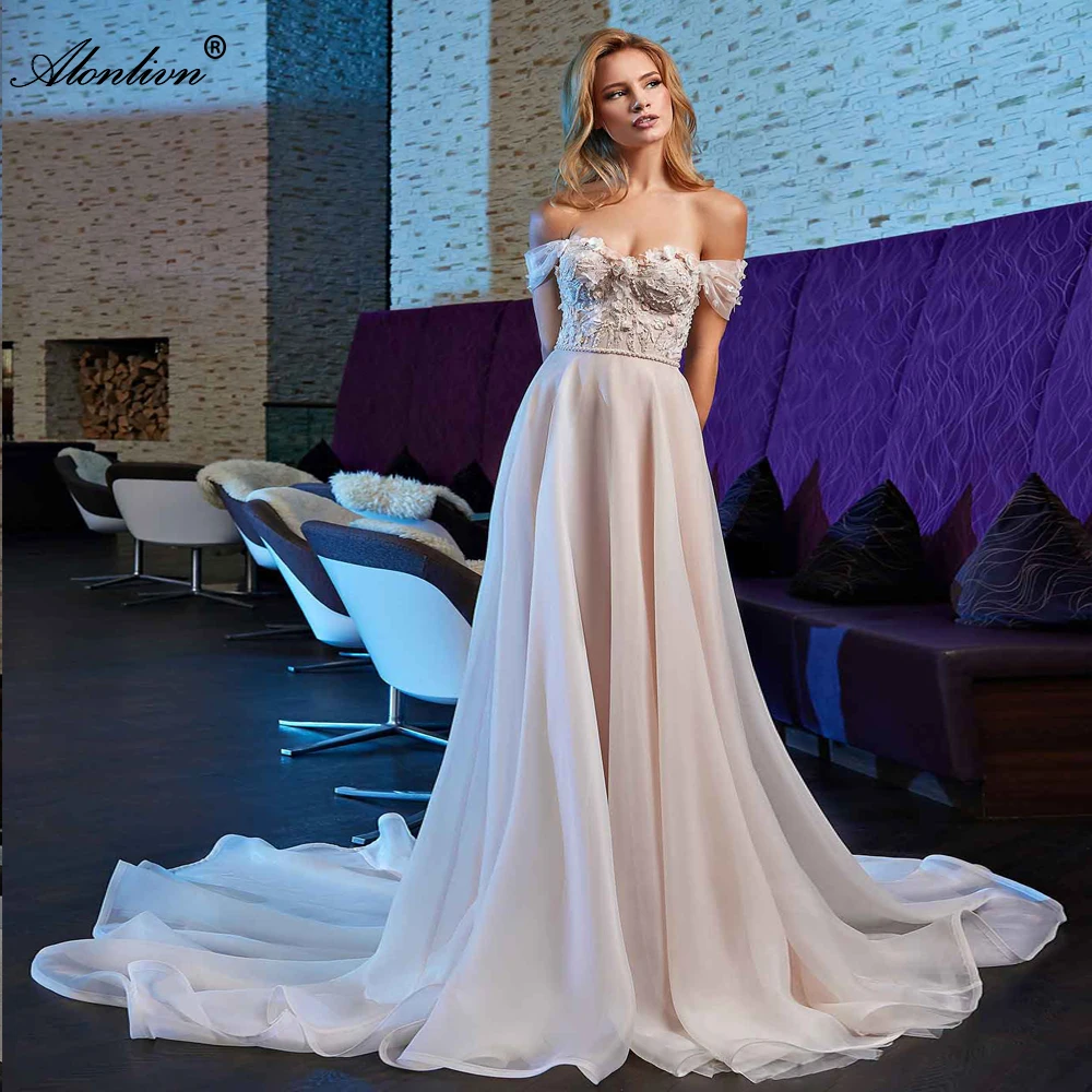 

Alonlivn vestido de noiva Sweetheart Beading Pearls Crystals A-Line Wedding Dresses Off Shoulder Chic Chiffon Wedding Gowns