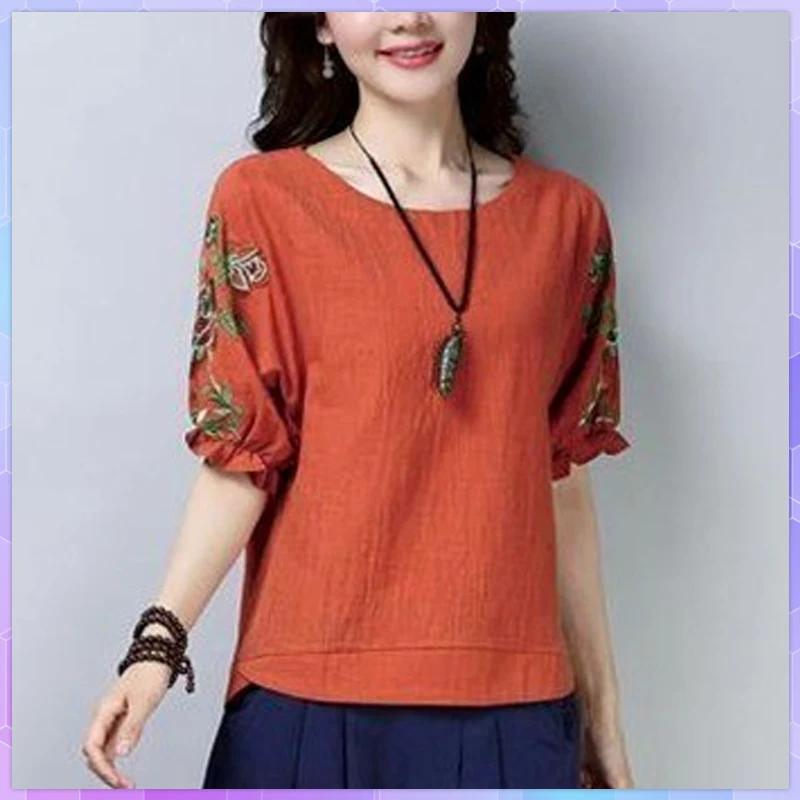 4XL Plus Size Floral Embroidery Oversized T-shirts Vintage T-Shirt Women's Tee Shirt Summer Casual Short Sleeve Tops Blusas