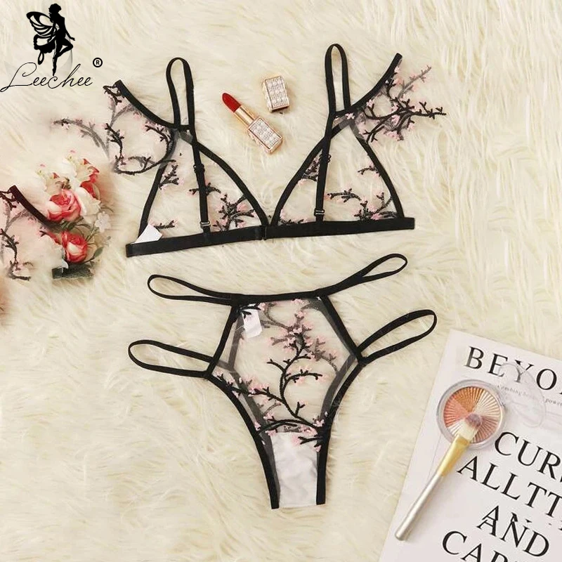 Leechee Nieuwe Sexy Bh Bloemen Borduren Sheer Mesh Lingerie Set Push Up Bralette + Hollow Out Thong Vrouwen Sexy Intimates ondergoed