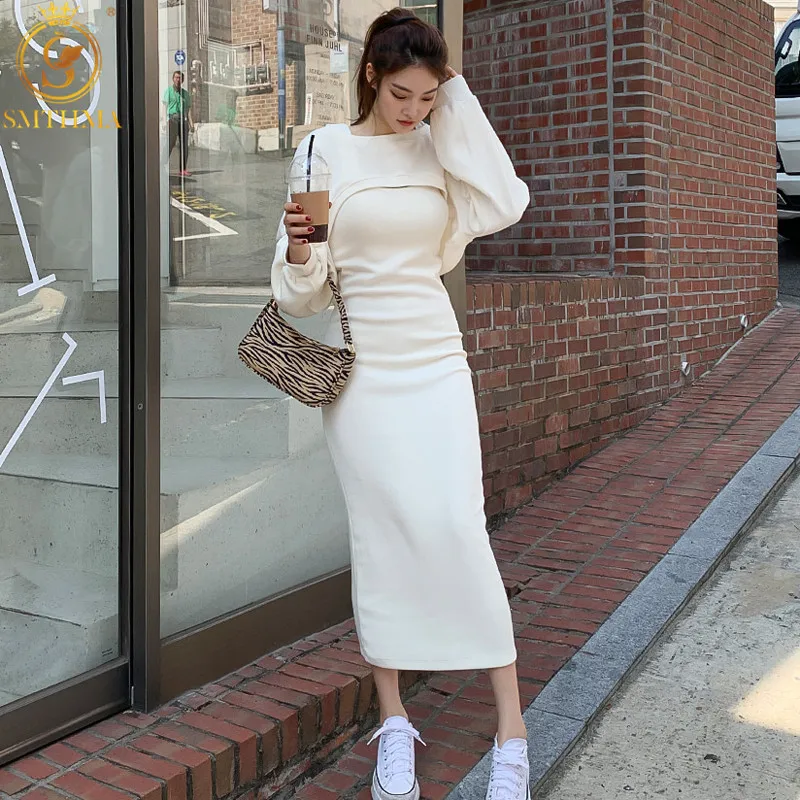 

New Autumn Winter Women Two Pieces Sets Vintage Work Casual Knitted Vest Dresses Suit Office Elegant Bottoming Long Vestidos