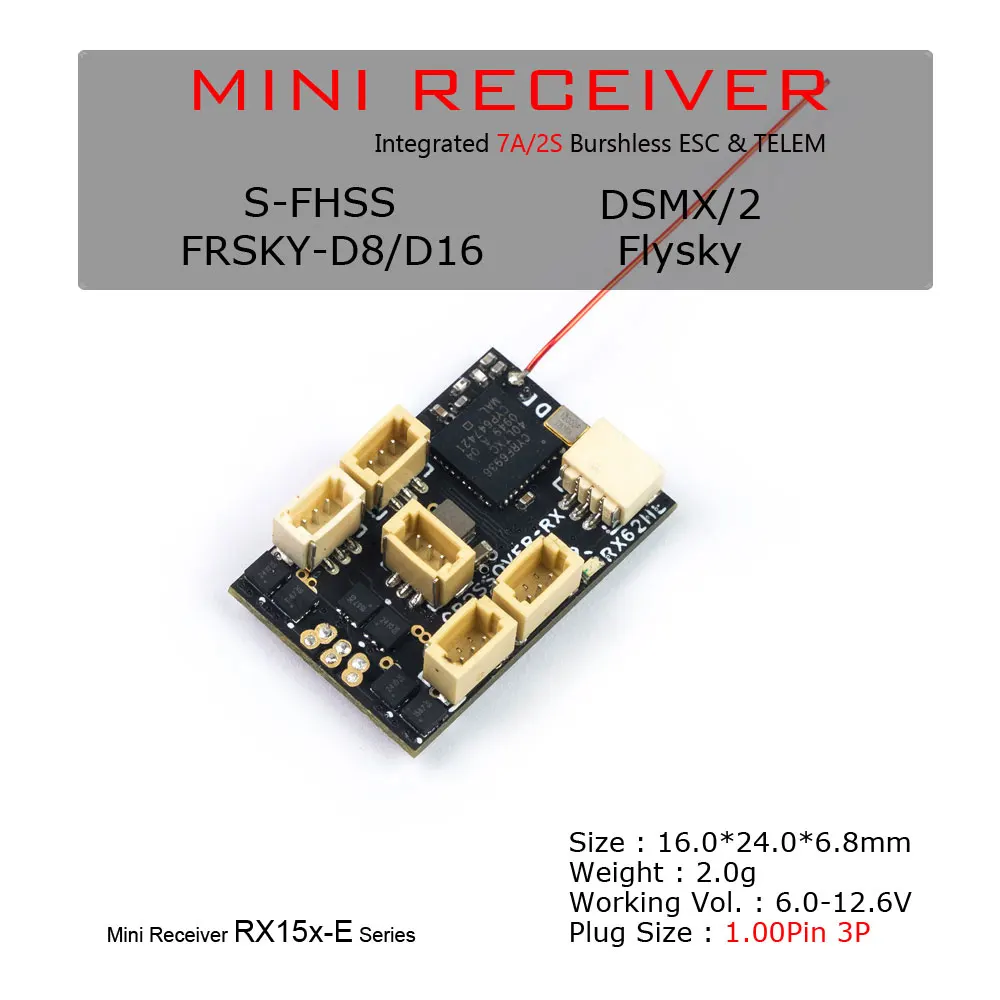 DW Hobby RX15X-E seria Mini Micro RX 7-kanałowy Odbiornik Zintegrowany z 2S 7A Bezszczotkowym ESC z Złączem TELEM 1.00pin S-FHSS DMS2