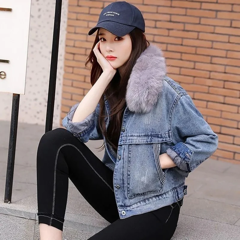 Winter Plus Velvet Thick Denim Jacket Removable Fur Collar Embroidery Women Short Jean Jackets Streetwear Plush Liner Warm Coat