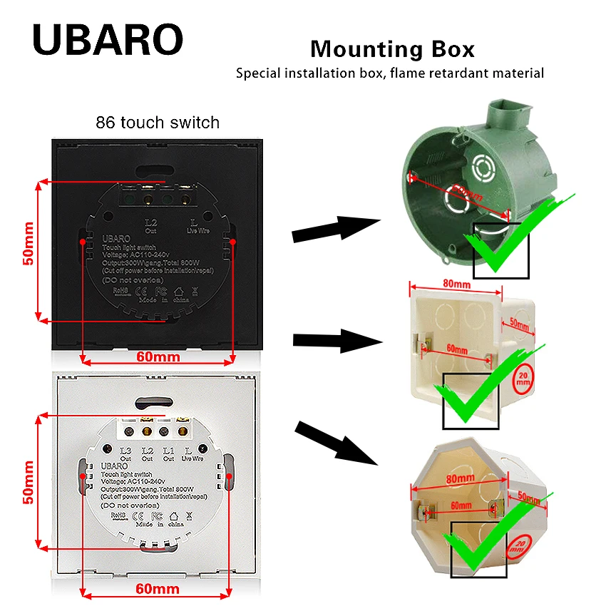 UBARO EU Standard Wall Light Touch Switch With Led Indicator Luxury Crystal Glass Panel Sensitive Sensor Button Home Appliance