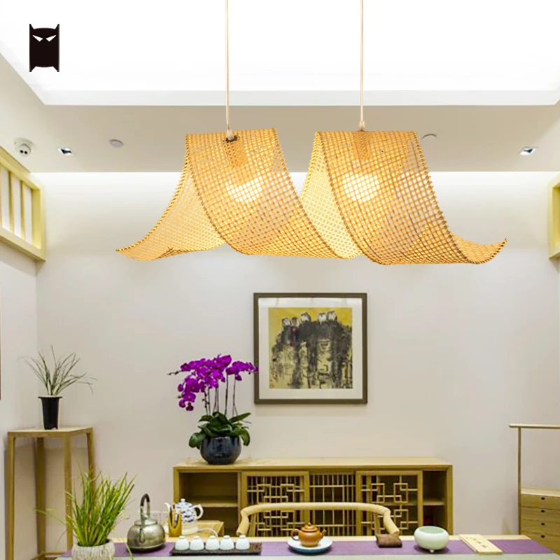 Bamboo Wicker Braided Ripple Pendant Light Fixture New Japanese Pastoral Style Hanging Lamp Restaurant Shop Long Bar Table Room