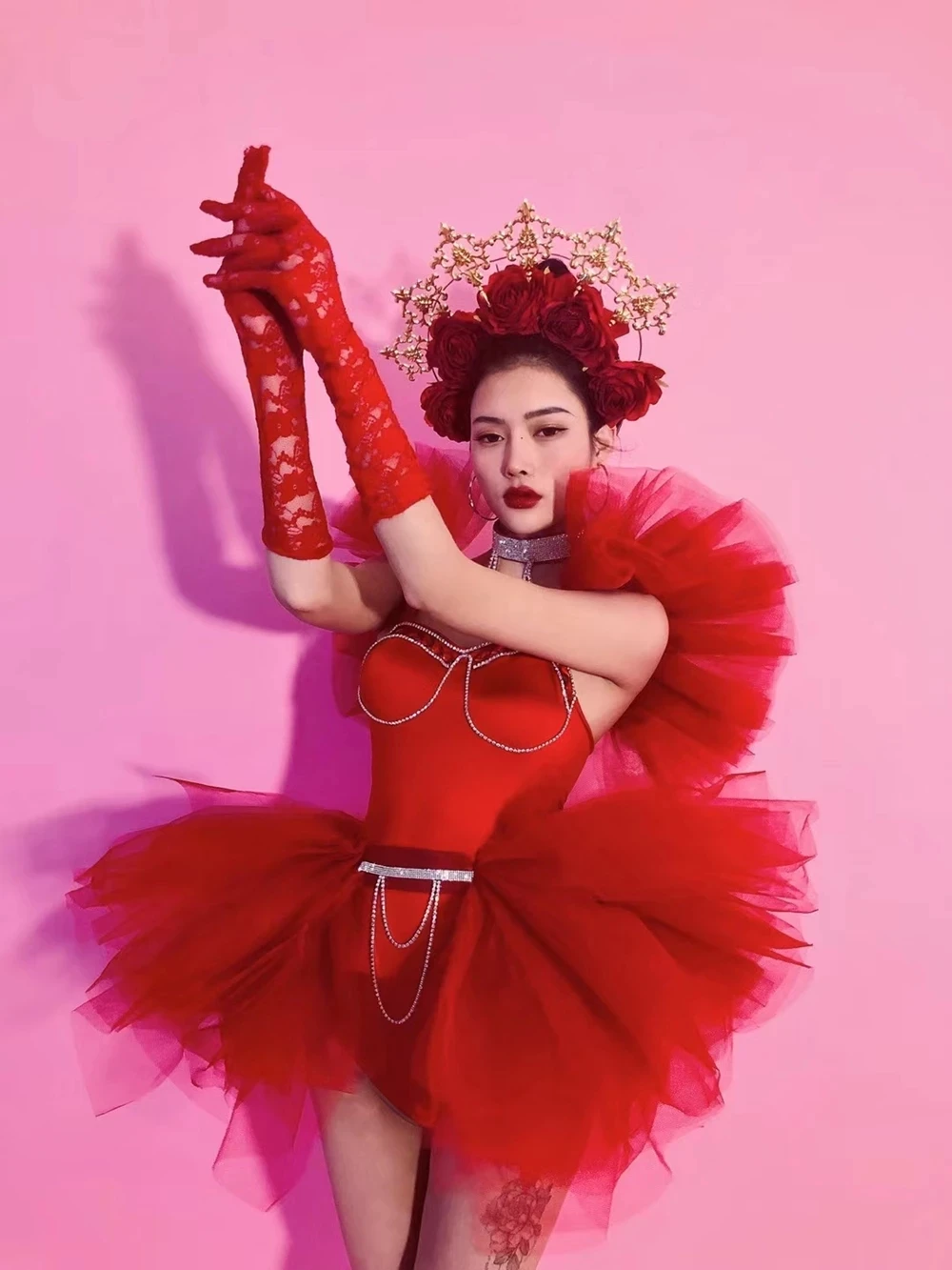 Costume de brevavec Strass Rouges pour Femme, Jupe Tutu en Maille, Tenue de ixGOGO