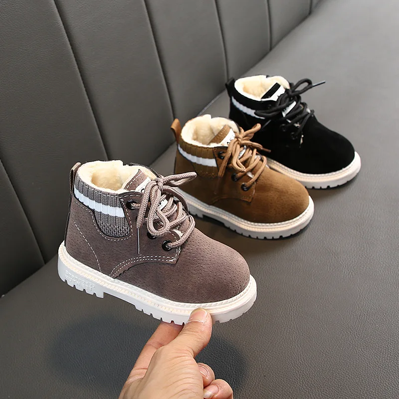 Children Winter Ankle Boots Kids Baby Sweet Fur Lace Up Boot Boys Girls Leather Warm Shoes Kids Short Snow Boots D529