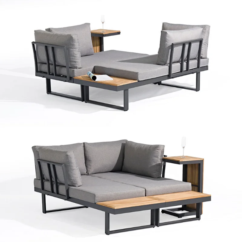 

Aluminum outdoor furniture luxury corner sofa sectional conversation set teak wood base garden daybed leisure couch for balcony