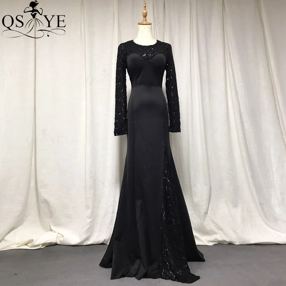 Qsyye tamanho quebrado preto sereia vestidos de noite lantejoulas deve mangas compridas vestido de festa cauda sexy keyhole volta formal vestidos