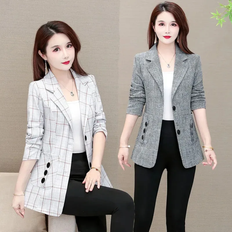 Blazer court à carreaux coréen pour femmes, veste décontractée mince pour femmes, manteau imbibé de bureau d'affaires pour dames, automne, 5XL