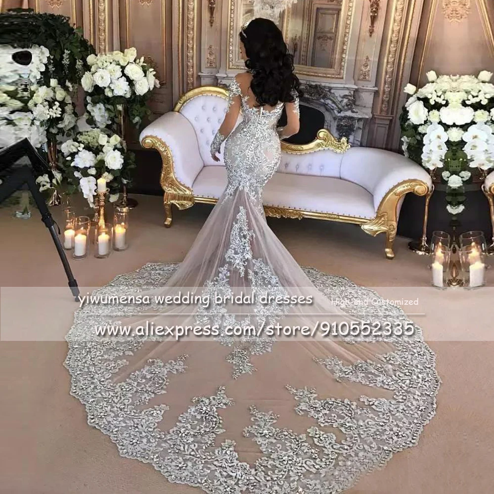 Gaun Pernikahan Putri Duyung Arab Dubai Gaun Pengantin Lengan Penuh Ilusi Leher Tinggi Applique Mutiara Manik-manik Bling Pesta Formal Wanita