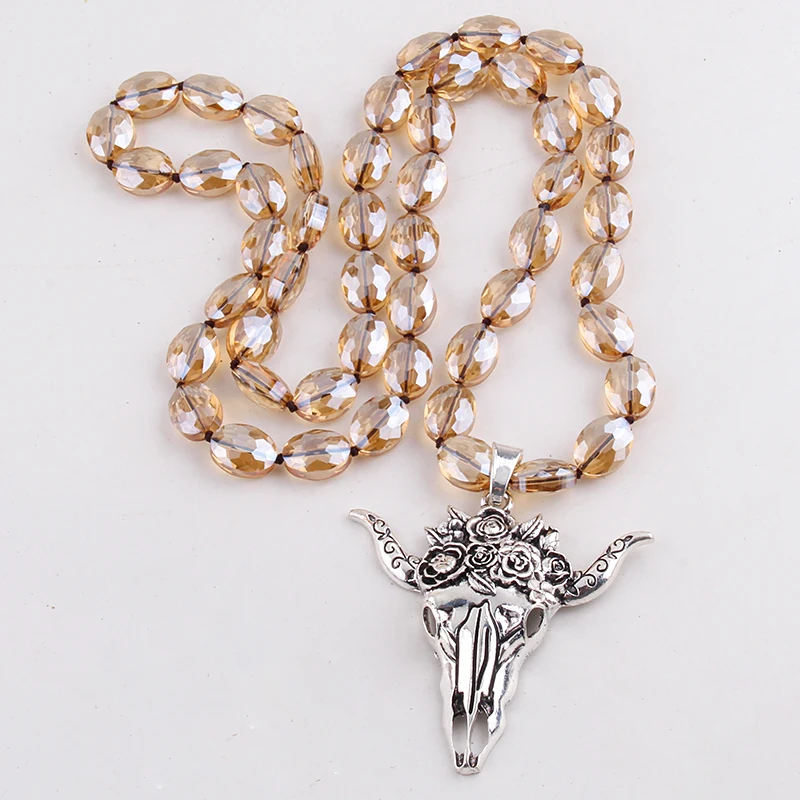 Fashion Bohemian Jewelry Accessory Glass Crystal Long Knotted With Metal Horn Pendant Necklaces For Women Gift