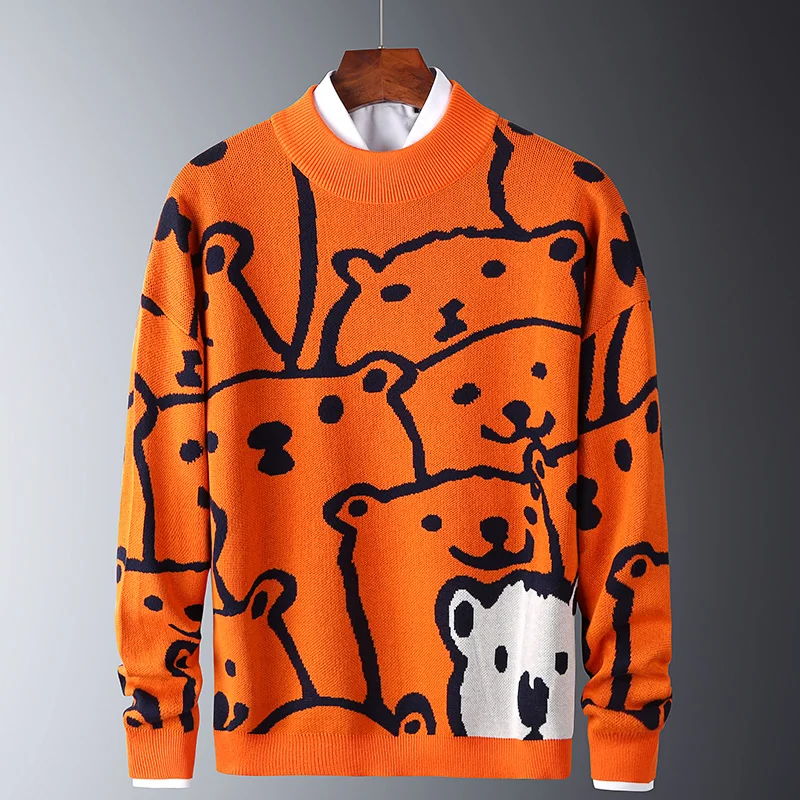 Mens Autumn Casual Christmas Sweaters Polar Bear Pattern Trendy Slim Sweaters Cotton Long Sleeve Round Collar Warm Pullovers