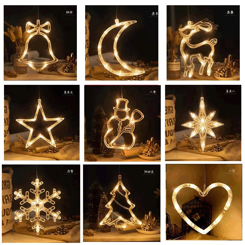 LED Christmas star snowflake deer Bells tree Garland Lights Fairy Sucker Lamp Light For Party Wedding Holiday Decor Window Light