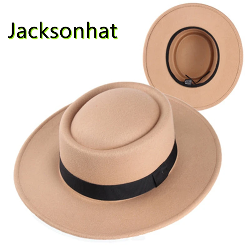 Wool felt big brim top hat for men and women retro fashion flat top woolen gentleman hat convex top flat brim jazz hat