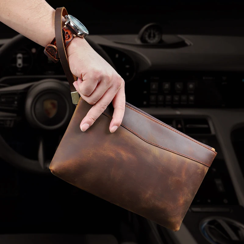 Handmade Genuine Leather Clutch Wallet Retro Long Handbag Large Capacity Organizer Hand Bag For Men