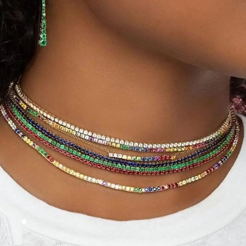 Colorful CZ Tennis Choker Necklace White Pink Green Gold Color Iced Out Bling 5A 5mm Cubic Zirconia Tennis Choker Jewelry Party